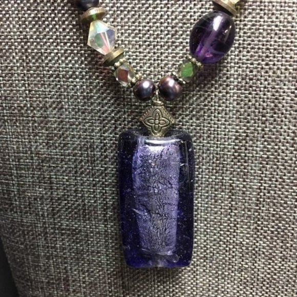 Purple Pendant Necklace Iridescent Toggle Silver Clear Faceted Retro Boho Glam - Picture 2 of 8